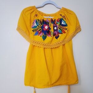 Yellow Mexican Embroidered Off Shoulder Top Large Folkloric